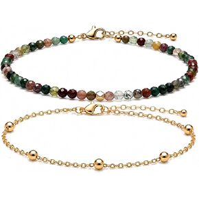 2Pcs Beaded Anklets for Women, Natural Stone Bead Ankle Bracelets with 14K Gold Plated Chain, Waterproof Adjustable Layered Anklet Set, Boho Beach Summer Jewelry Gift in Kuwait