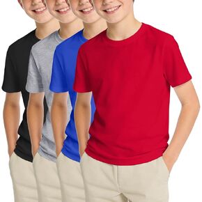 KEREDA 4 Pack Boys Shirts Short Sleeve Cotton T-Shirts Kids Summer Crewneck Solid Plain Basic Tees Tops Size 5-14 Years in Kuwait