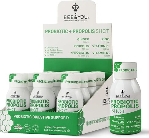 Bee and You Propolis Immune Shot, Probiotic, Vitamin C, Vitamin D3, Zinc, Ginger, Immune Support, Gut Health, Digestive Health, Bioactive 1.69 Fl. oz, 12 Pack in Saudi Arabia