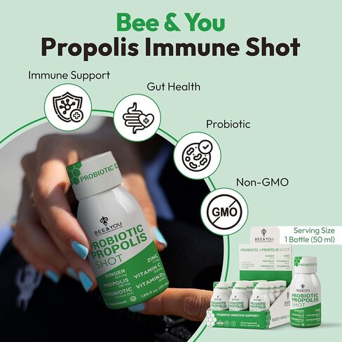 Bee and You Propolis Immune Shot, Probiotic, Vitamin C, Vitamin D3, Zinc, Ginger, Immune Support, Gut Health, Digestive Health, Bioactive 1.69 Fl. oz, 12 Pack in Saudi Arabia