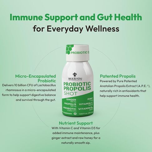 Bee and You Propolis Immune Shot, Probiotic, Vitamin C, Vitamin D3, Zinc, Ginger, Immune Support, Gut Health, Digestive Health, Bioactive 1.69 Fl. oz, 12 Pack in Saudi Arabia