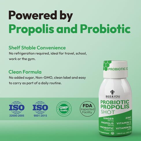 Bee and You Propolis Immune Shot, Probiotic, Vitamin C, Vitamin D3, Zinc, Ginger, Immune Support, Gut Health, Digestive Health, Bioactive 1.69 Fl. oz, 12 Pack in Saudi Arabia