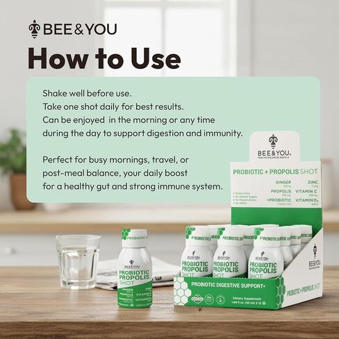 Bee and You Propolis Immune Shot, Probiotic, Vitamin C, Vitamin D3, Zinc, Ginger, Immune Support, Gut Health, Digestive Health, Bioactive 1.69 Fl. oz, 12 Pack in Saudi Arabia