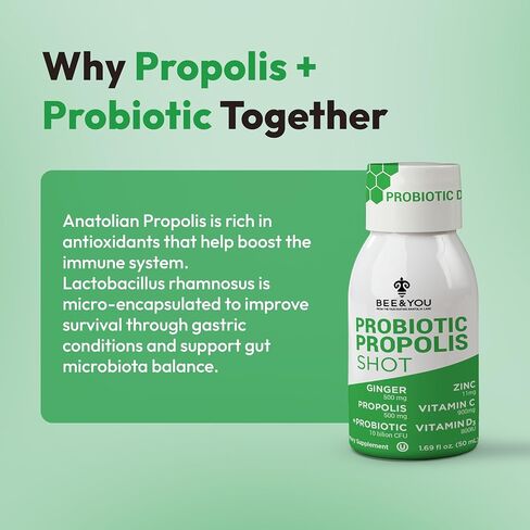Bee and You Propolis Immune Shot, Probiotic, Vitamin C, Vitamin D3, Zinc, Ginger, Immune Support, Gut Health, Digestive Health, Bioactive 1.69 Fl. oz, 12 Pack in Saudi Arabia