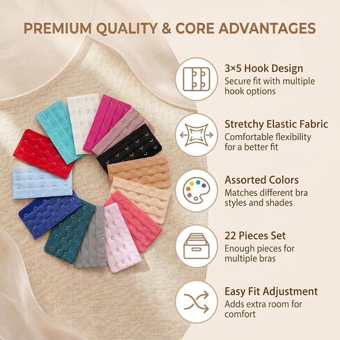 22 Pcs Women’s Bra Extenders, 3 Rows 5 Hooks Soft Elastic Extension Strap, 22 Colors Bra Band Adjusters for Daily Use in Saudi Arabia