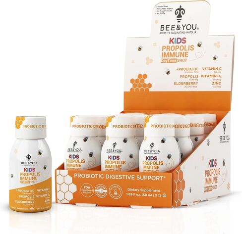 Bee and You Propolis Immune Shot, Probiotic, Vitamin C, Vitamin D3, Zinc, Ginger, Immune Support, Gut Health, Digestive Health, Bioactive 1.69 Fl. oz, 12 Pack in Kuwait