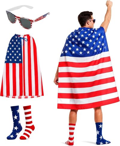 American Flag Cape Costume Set, 4th of July Stars-and-Stripes Cape with Spangled Sunglasses and Flag Socks, 250th Anniversary Independence Day Outfit for Women and Men in Kuwait