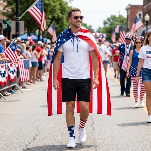 American Flag Cape Costume Set, 4th of July Stars-and-Stripes Cape with Spangled Sunglasses and Flag Socks, 250th Anniversary Independence Day Outfit for Women and Men in Kuwait