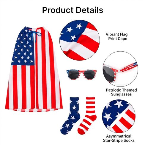 American Flag Cape Costume Set, 4th of July Stars-and-Stripes Cape with Spangled Sunglasses and Flag Socks, 250th Anniversary Independence Day Outfit for Women and Men in Kuwait