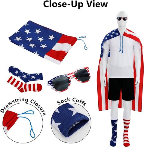 American Flag Cape Costume Set, 4th of July Stars-and-Stripes Cape with Spangled Sunglasses and Flag Socks, 250th Anniversary Independence Day Outfit for Women and Men in Kuwait