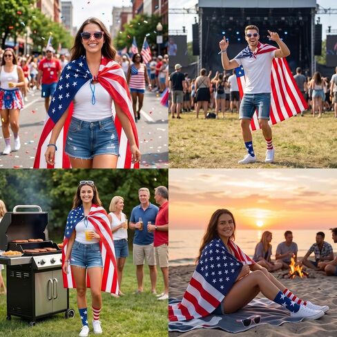 American Flag Cape Costume Set, 4th of July Stars-and-Stripes Cape with Spangled Sunglasses and Flag Socks, 250th Anniversary Independence Day Outfit for Women and Men in Kuwait