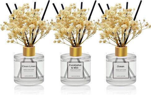 Reed Diffuser Set of 3 Pack,Scented Oil Diffuser with 4 Sticks,Reed Diffusers for Home,Living Room,Bathroom Air Freshener Diffuser,50ml x 3 (Clean Linen/Eucalyptus & Mint/Ocean) in Saudi Arabia