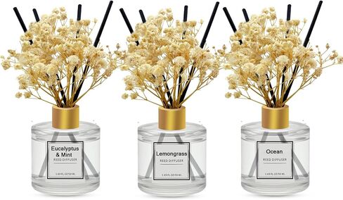 Reed Diffuser Set of 3 Pack,Scented Oil Diffuser with 4 Sticks,Reed Diffusers for Home,Living Room,Bathroom Air Freshener Diffuser,50ml x 3 (Clean Linen/Eucalyptus & Mint/Ocean) in Saudi Arabia