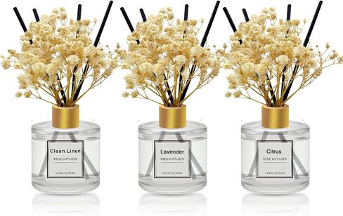 Reed Diffuser Set of 3 Pack,Scented Oil Diffuser with 4 Sticks,Reed Diffusers for Home,Living Room,Bathroom Air Freshener Diffuser,50ml x 3 (Clean Linen/Eucalyptus & Mint/Ocean) in Saudi Arabia