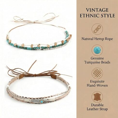 2 Pack Cowboy Hat Bands for Women Men,Western Turquoise Beaded Hats Band & Boho Hat Band, Adjustable Replacement Hat Accessories for Cowboy and Cowgirl Hats in Kuwait