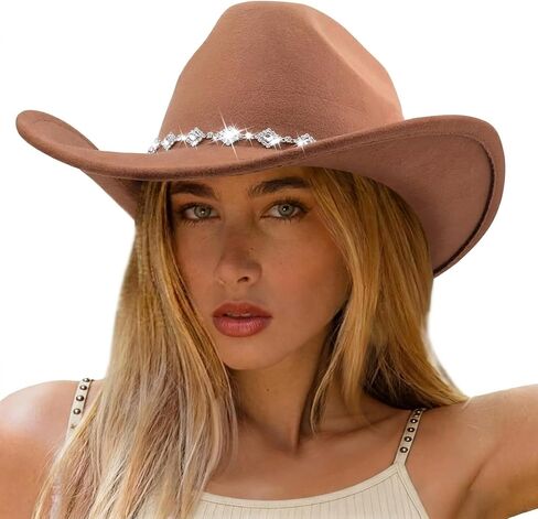 AQOKKA Western Cowboy Hat for Women Men Wide Brim Retro Felt Fedora Cowgirl Hats Classic Unisex Rolled up Caps Outdoor in Kuwait