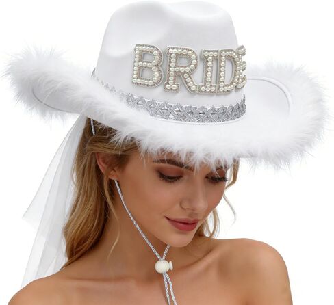 Hosrnovo Bride Cowboy Hat, White Bride Cowgirl Hat with Tassel Fringe Veil and Rhinestone BRIDE for Western Bachelorette Party Decorations and Nashville Bach Last Rodeo Accessories in Kuwait
