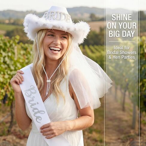 Hosrnovo Bride Cowboy Hat, White Bride Cowgirl Hat with Tassel Fringe Veil and Rhinestone BRIDE for Western Bachelorette Party Decorations and Nashville Bach Last Rodeo Accessories in Kuwait