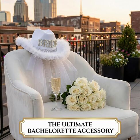 Hosrnovo Bride Cowboy Hat, White Bride Cowgirl Hat with Tassel Fringe Veil and Rhinestone BRIDE for Western Bachelorette Party Decorations and Nashville Bach Last Rodeo Accessories in Kuwait