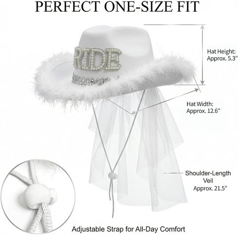 Hosrnovo Bride Cowboy Hat, White Bride Cowgirl Hat with Tassel Fringe Veil and Rhinestone BRIDE for Western Bachelorette Party Decorations and Nashville Bach Last Rodeo Accessories in Kuwait