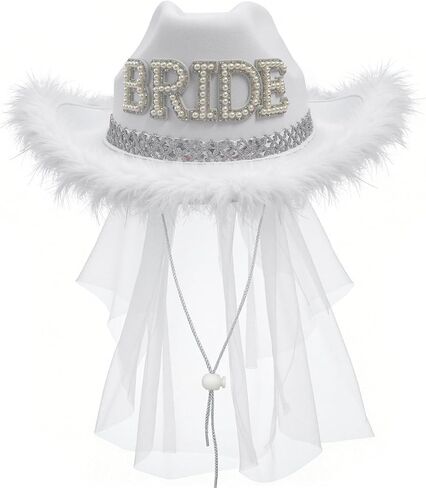 Hosrnovo Bride Cowboy Hat, White Bride Cowgirl Hat with Tassel Fringe Veil and Rhinestone BRIDE for Western Bachelorette Party Decorations and Nashville Bach Last Rodeo Accessories in Kuwait