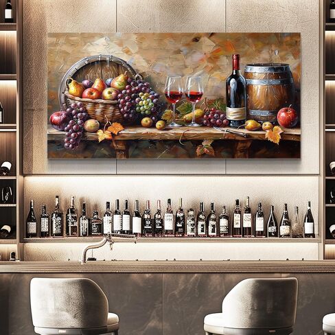 XIGUANGART Wall Art for Kitchen Grape Barrel Painting Red Wine Glass Artwork Prints for Dinning Room Bar Large Canvas Wall Decor for Living Room Office Fruit Still Life Picture Modern Home Decoration in Saudi Arabia