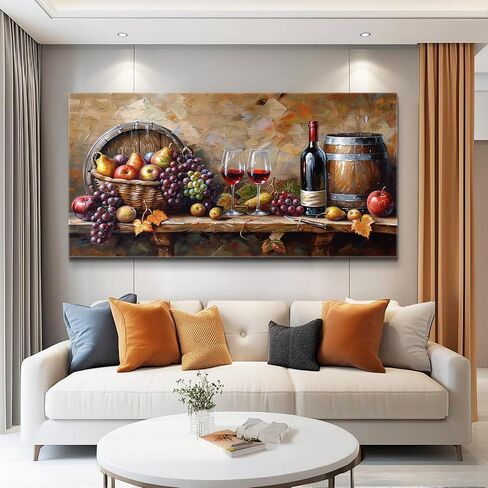 XIGUANGART Wall Art for Kitchen Grape Barrel Painting Red Wine Glass Artwork Prints for Dinning Room Bar Large Canvas Wall Decor for Living Room Office Fruit Still Life Picture Modern Home Decoration in Saudi Arabia