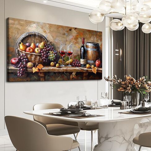 XIGUANGART Wall Art for Kitchen Grape Barrel Painting Red Wine Glass Artwork Prints for Dinning Room Bar Large Canvas Wall Decor for Living Room Office Fruit Still Life Picture Modern Home Decoration in Saudi Arabia