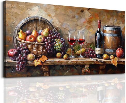 XIGUANGART Wall Art for Kitchen Grape Barrel Painting Red Wine Glass Artwork Prints for Dinning Room Bar Large Canvas Wall Decor for Living Room Office Fruit Still Life Picture Modern Home Decoration in Saudi Arabia