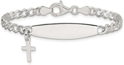 925 Sterling Silver Polished Cross Dangle Curb Chain Identification Bracelet 6" in Kuwait