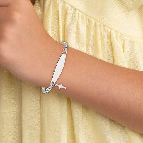 925 Sterling Silver Polished Cross Dangle Curb Chain Identification Bracelet 6" in Kuwait