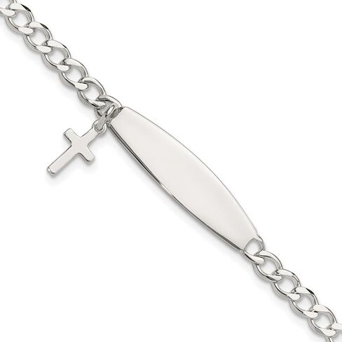 925 Sterling Silver Polished Cross Dangle Curb Chain Identification Bracelet 6" in Kuwait