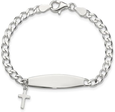 925 Sterling Silver Polished Cross Dangle Curb Chain Identification Bracelet 6" in Kuwait