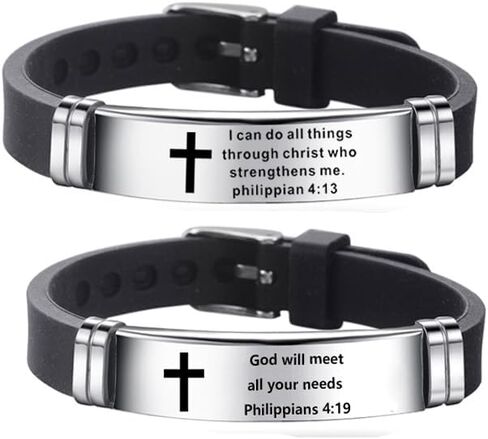 2Pcs Inspirational Quote Cross Bracelets Faith Christian Bible Verse Silicone ID Wristband Religious Bracelet Set Gift for Men Women in Kuwait