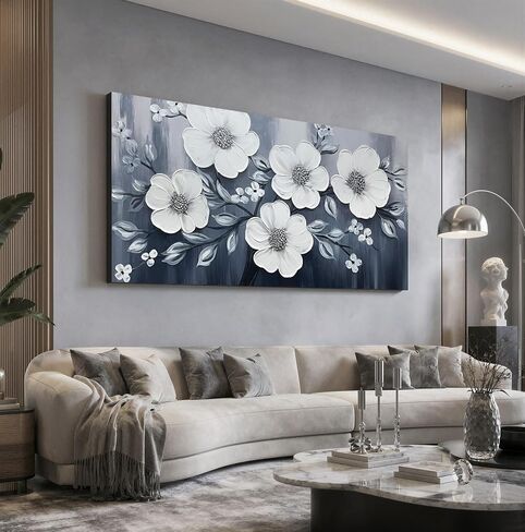 JuhaiArt Flower Wall Art White Wall Decorations Gray Picture Art Large 3D Floral Hand Painted for Bedroom Living Room Office 29" x 59" in Saudi Arabia