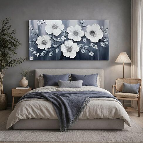 JuhaiArt Flower Wall Art White Wall Decorations Gray Picture Art Large 3D Floral Hand Painted for Bedroom Living Room Office 29" x 59" in Saudi Arabia