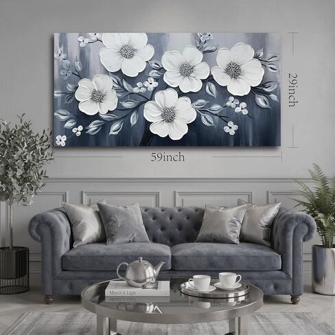 JuhaiArt Flower Wall Art White Wall Decorations Gray Picture Art Large 3D Floral Hand Painted for Bedroom Living Room Office 29" x 59" in Saudi Arabia