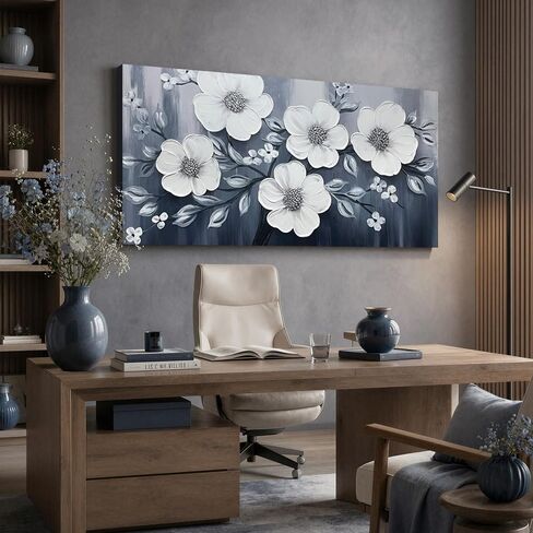 JuhaiArt Flower Wall Art White Wall Decorations Gray Picture Art Large 3D Floral Hand Painted for Bedroom Living Room Office 29" x 59" in Saudi Arabia