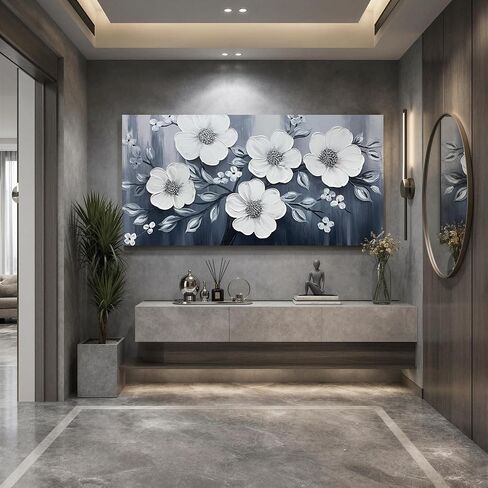 JuhaiArt Flower Wall Art White Wall Decorations Gray Picture Art Large 3D Floral Hand Painted for Bedroom Living Room Office 29" x 59" in Saudi Arabia