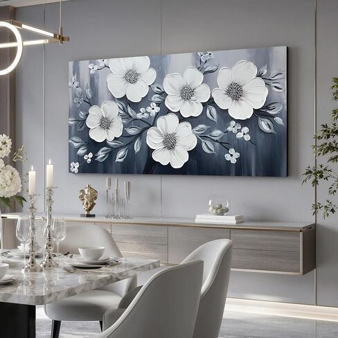 JuhaiArt Flower Wall Art White Wall Decorations Gray Picture Art Large 3D Floral Hand Painted for Bedroom Living Room Office 29" x 59" in Saudi Arabia
