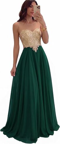 MisShow Women's Lace Applique Prom Dresses with Diamond Sheer Neck Long Chiffon Formal Evening Gowns in Saudi Arabia