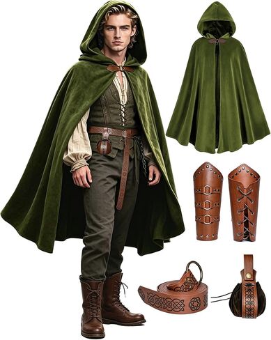 Renaissance Hooded Cloak Set for Men Women, Medieval Costume with Belt Pouch Bracers, Halloween Cosplay LARP Renaissance Fair in Saudi Arabia