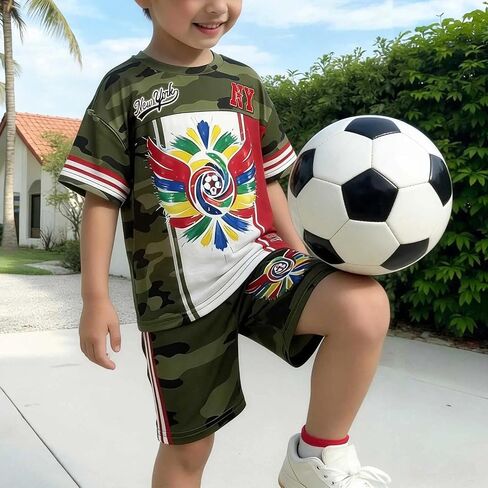 Unisex Camo Print 2 Piece Set Short Sleeve Crew Neck Sport Top and Shorts Boys Girls Loose Outdoor Streetwear in Kuwait
