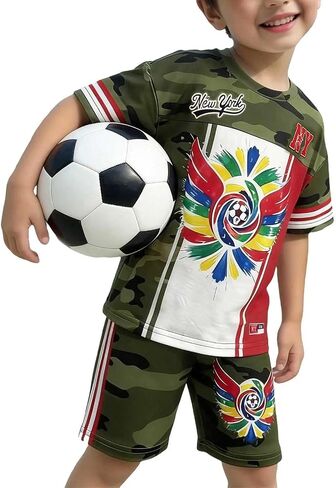 Unisex Camo Print 2 Piece Set Short Sleeve Crew Neck Sport Top and Shorts Boys Girls Loose Outdoor Streetwear in Kuwait