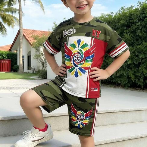 Unisex Camo Print 2 Piece Set Short Sleeve Crew Neck Sport Top and Shorts Boys Girls Loose Outdoor Streetwear in Kuwait