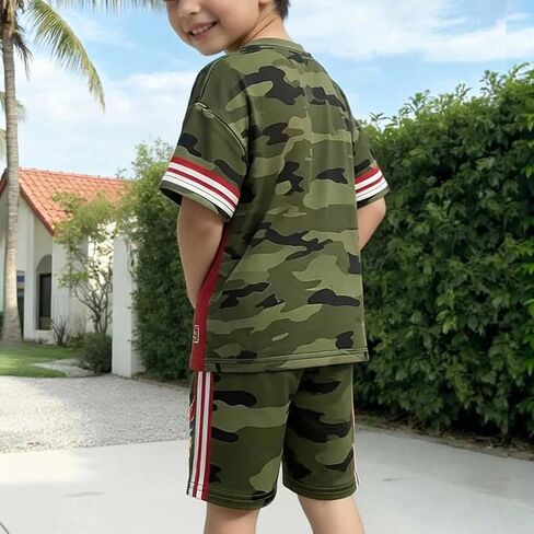 Unisex Camo Print 2 Piece Set Short Sleeve Crew Neck Sport Top and Shorts Boys Girls Loose Outdoor Streetwear in Kuwait
