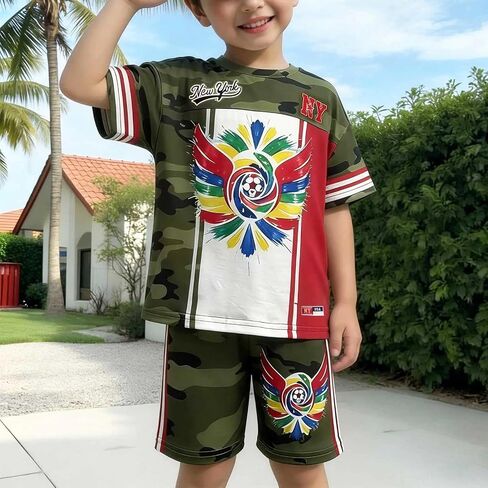 Unisex Camo Print 2 Piece Set Short Sleeve Crew Neck Sport Top and Shorts Boys Girls Loose Outdoor Streetwear in Kuwait
