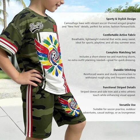 Unisex Camo Print 2 Piece Set Short Sleeve Crew Neck Sport Top and Shorts Boys Girls Loose Outdoor Streetwear in Kuwait