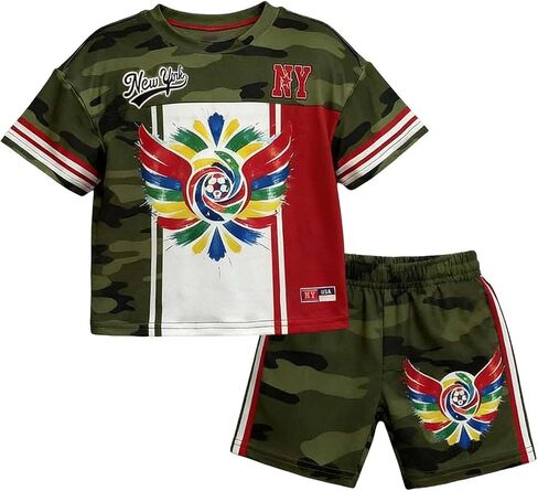Unisex Camo Print 2 Piece Set Short Sleeve Crew Neck Sport Top and Shorts Boys Girls Loose Outdoor Streetwear in Kuwait