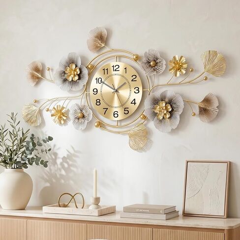 Wall Clock, Clocks for Living Room, Silent Wall Clock Decorative, 3D Retro Metal Ginkgo Leaf Design, for Office Bedroom Kitchen Clock (35''x20'') in Saudi Arabia